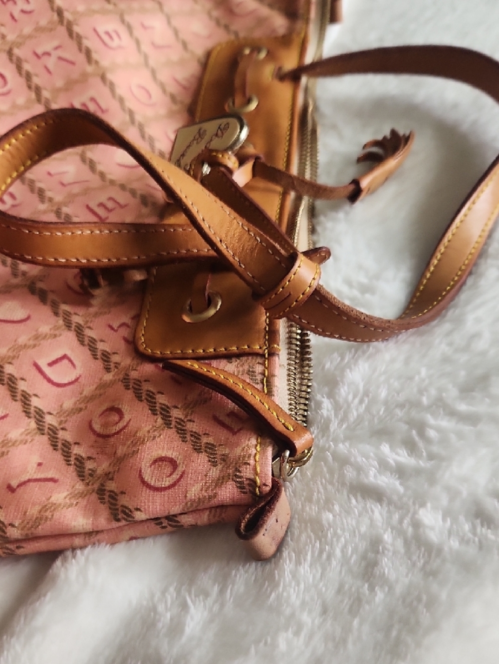 Dooney And Bourke Pink Patterned Drawstring Tote Bag with Brown Trim - Picture 5 of 6